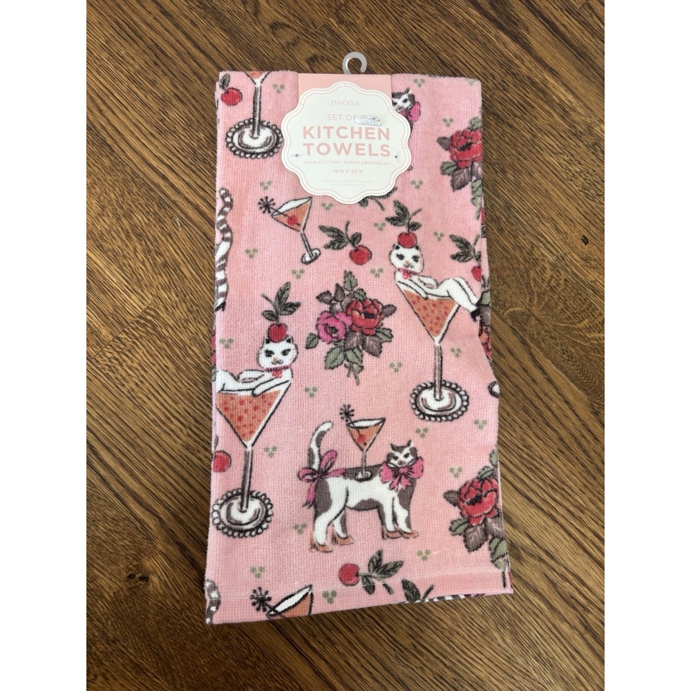 Cat Cocktail Martini Kitchen Towels Set Of 3 Cotton‎ Pink Floral